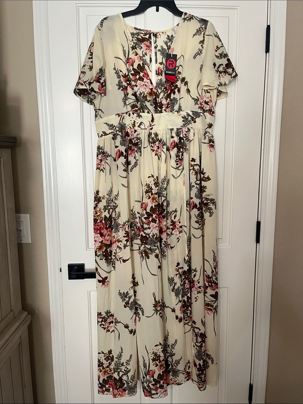 Rosegal Cream Maxi Dress with Pink & Brown Floral Print